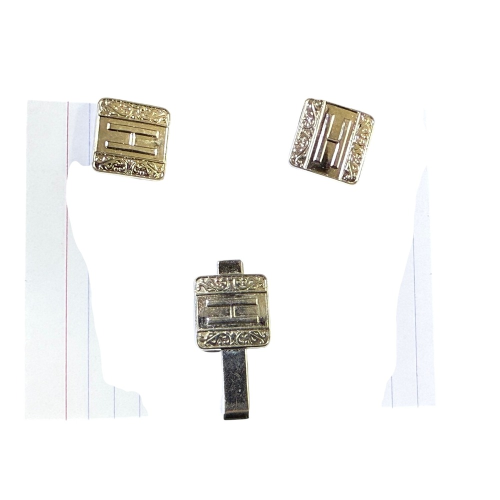 Swank Initial H Cufflinks and Tie Clip Set Vintage Gold Tone Elegant